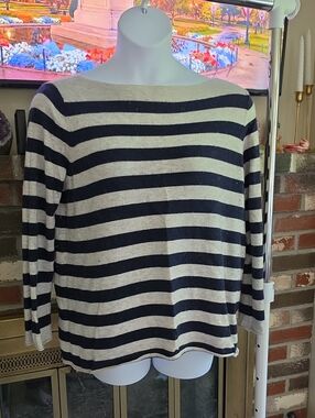 GAP XL Women's Navy and Gray Striped Boatneck Sweater